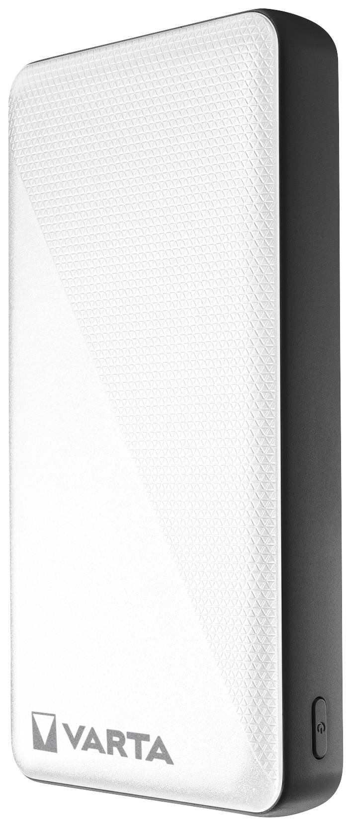 Externe powerbank in wit met grijze rand, van het merk 'Varta', ideaal voor het opladen van mobiele apparaten onderweg.