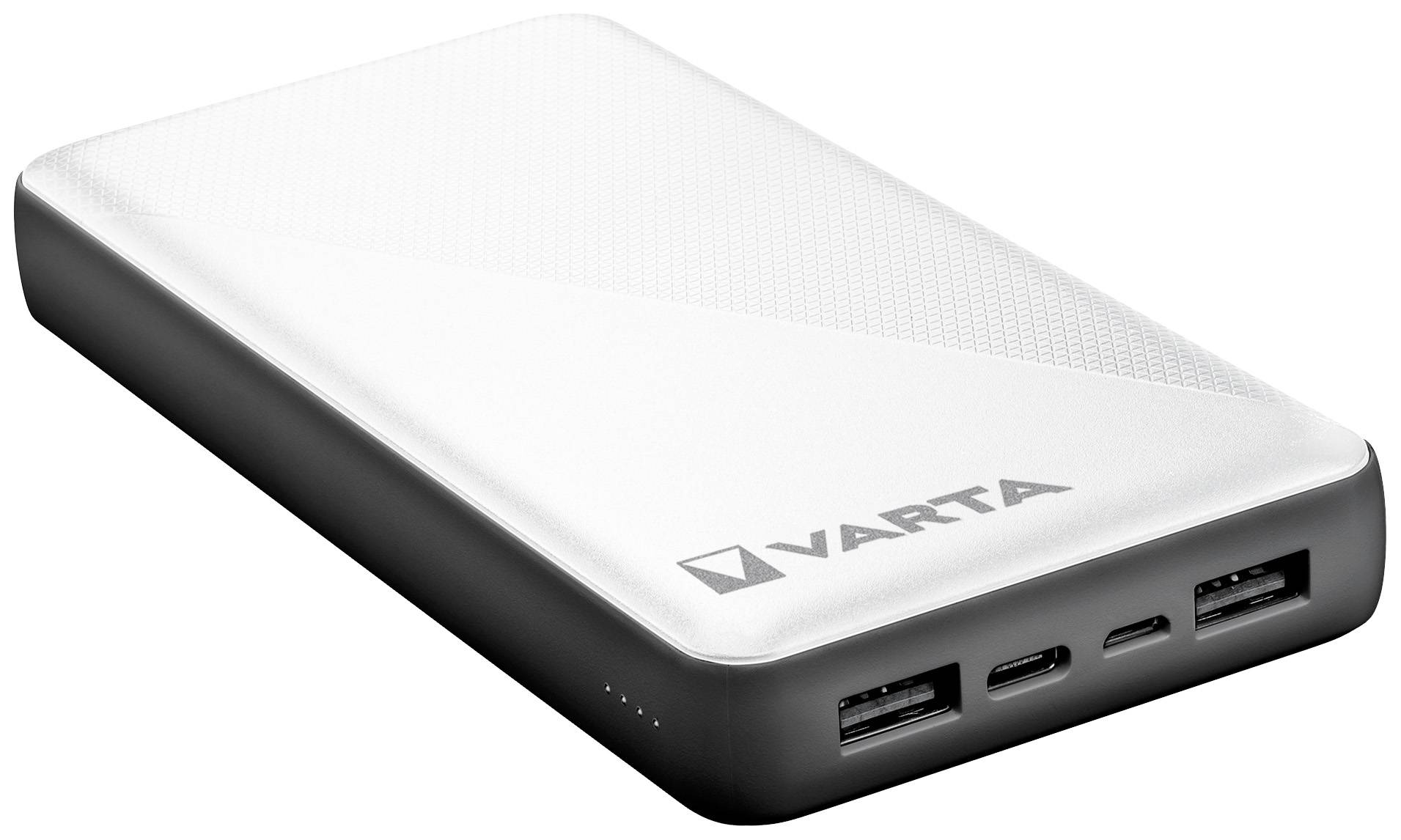 Een witte powerbank met het opschrift 'VARTA', twee USB-aansluitingen en een USB-C-aansluiting aan de zijkant zichtbaar.