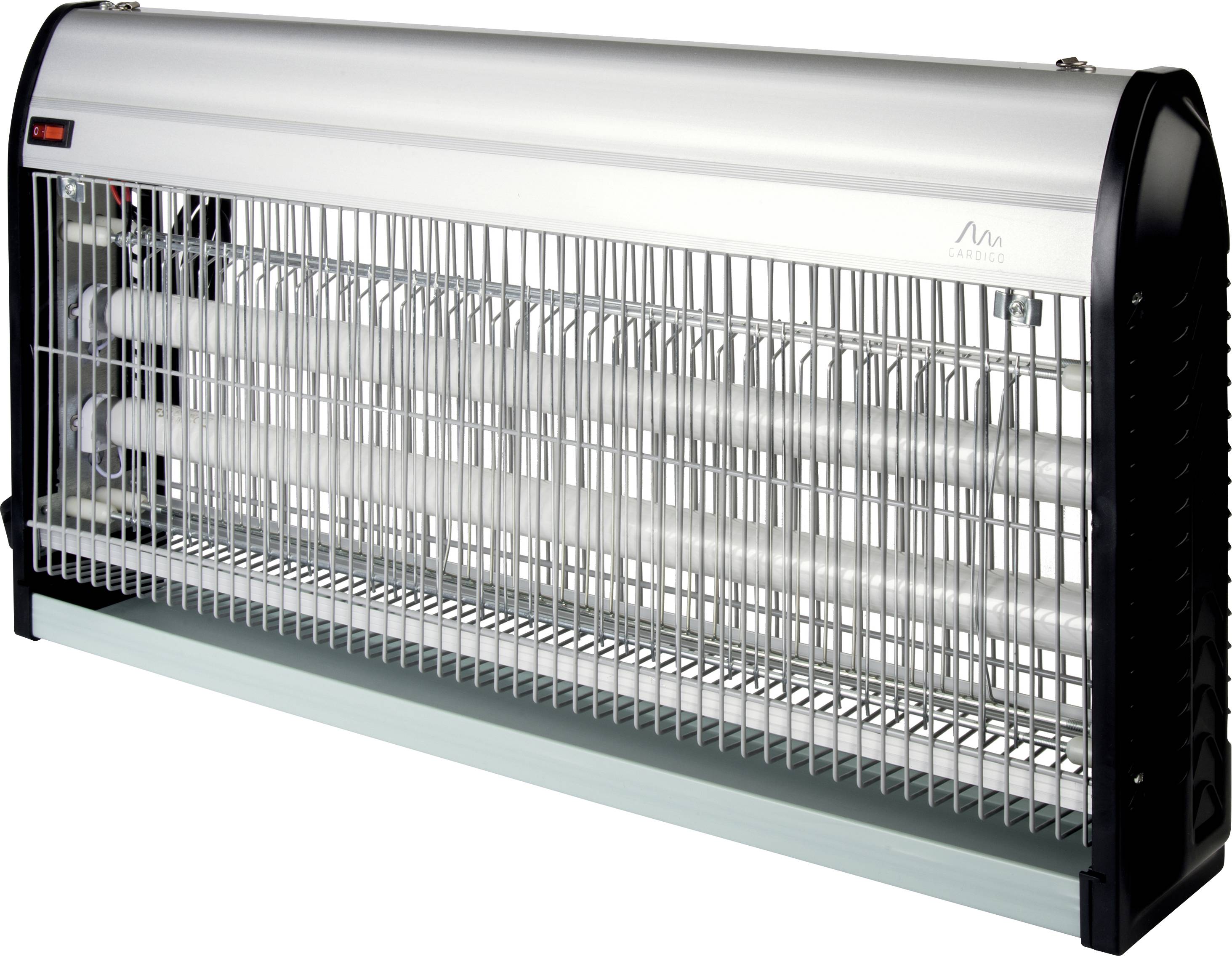 Vliegende-insectenverdelger in rechthoekige vorm met beschermrooster, twee UV-lampen en een opvangbak onderaan.