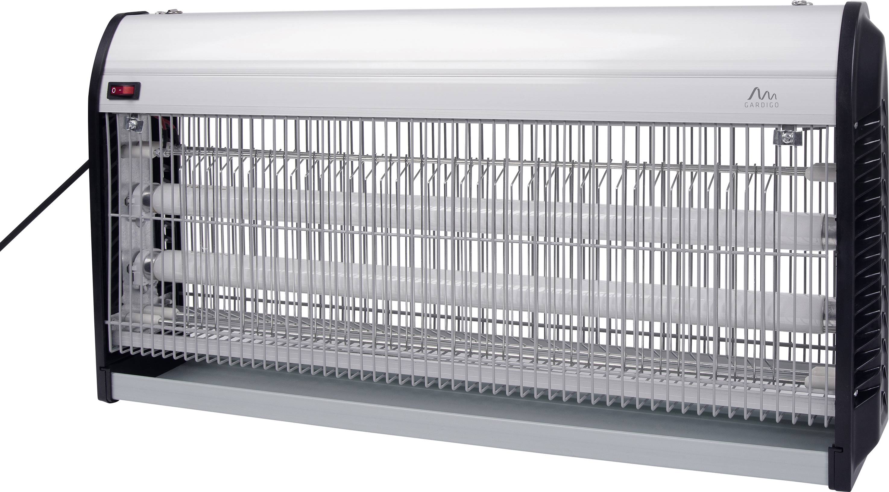 Een elektrische insectenverdelger met metalen rooster en UV-lampen voor het aantrekken en verwijderen van vliegende insecten binnenshuis.