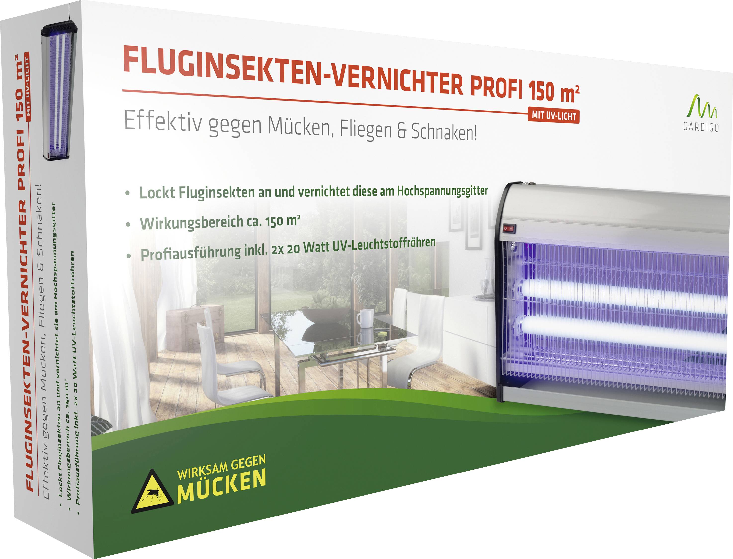 Een verpakking 'Vliegende Insecten Verdelger Professional 150 m²' met UV-licht, effectief tegen muggen, vliegen en steekmuggen.
