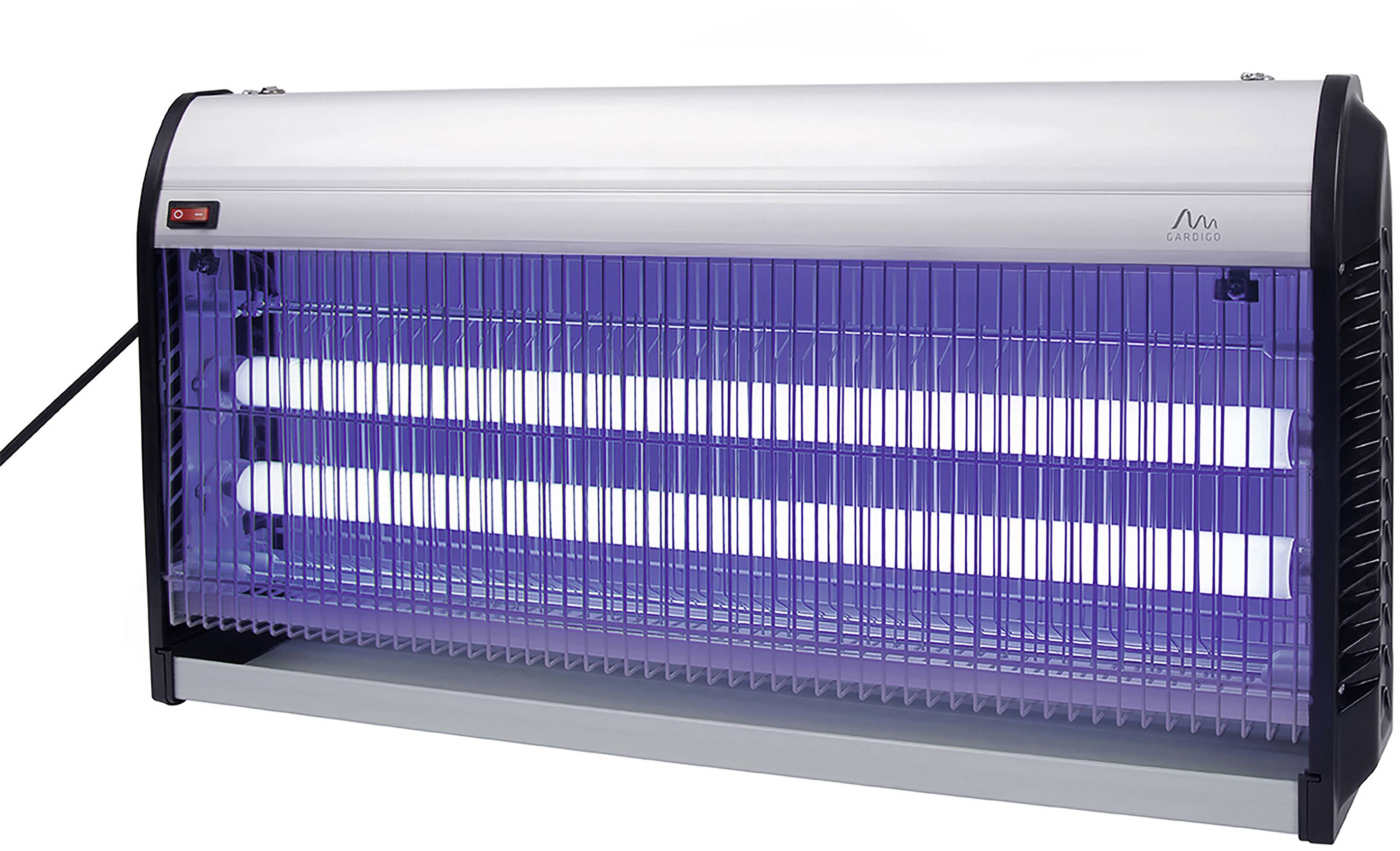 Elektrische muggenlamp met twee UV-buizen die licht uitstralen, met een zwart en zilver behuizing, geplaatst op een vlak oppervlak.