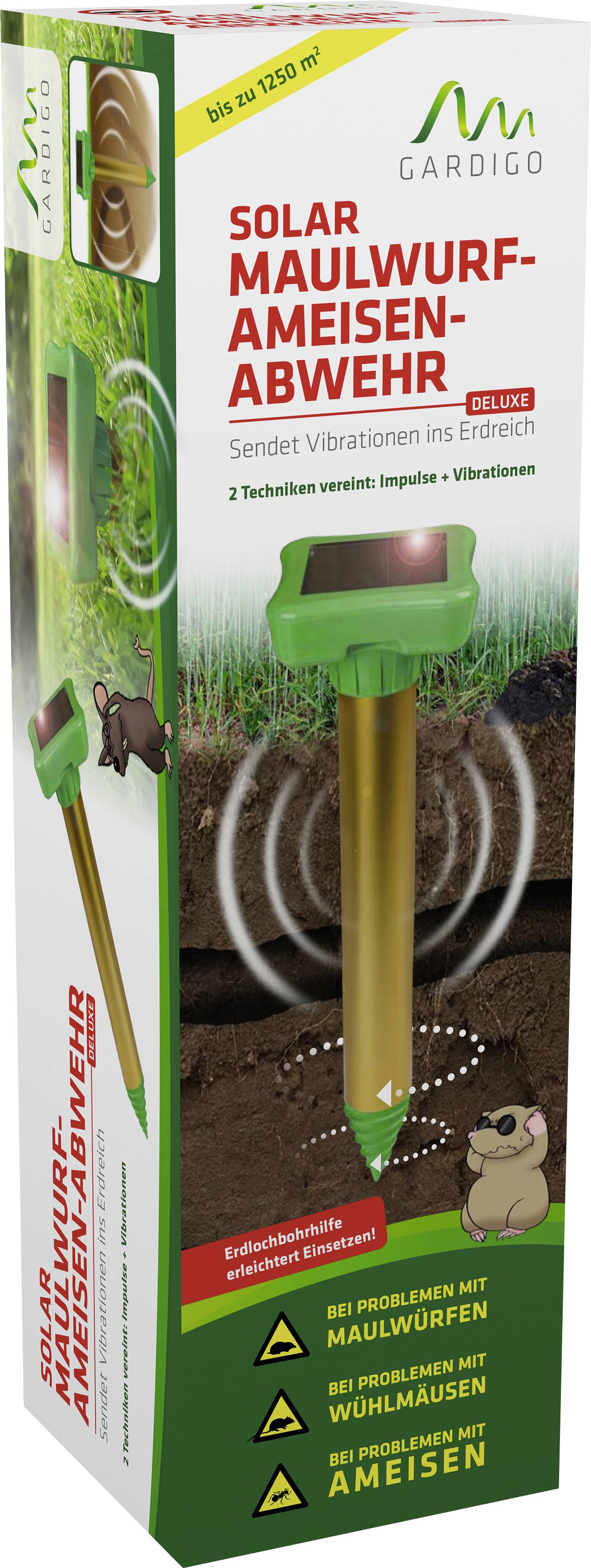 'Gardigo Solar Mol-Mieren Afweer Deluxe', een apparaat om mollen en mieren te verjagen door trillingen in de bodem.