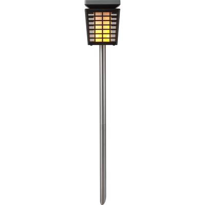 Metalen tuinfakkel met zwart rasterontwerp en geel-oranje oplichtend licht, geschikt voor buitenverlichting.