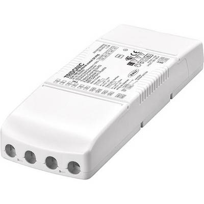 Wit elektrisch voorschakelapparaat met meerdere aansluitklemmen, technische tekst en logo's bovenaan. Geschikt voor het aansturen van verlichting.