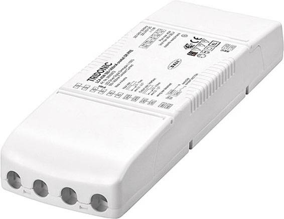 De afbeelding toont een rechthoekig, wit elektrisch apparaat met meerdere aansluitingen en opschriften op het oppervlak. Het zou kunnen gaan om een elektronisch voorschakelapparaat of transformator.