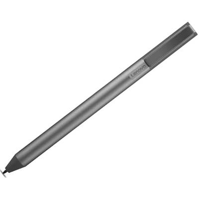 Een grijs-zwarte digitale pen met het opschrift 'Lenovo', geschikt voor bediening van touchscreens of tablets.