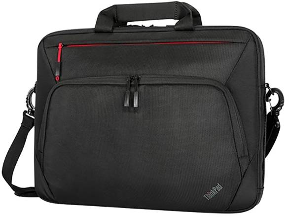 Een zwarte laptoptas met twee ritssluitzakken en een rode accent. Hij heeft een handgreep en een schouderband.