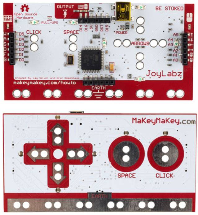 Een rode en witte MaKey MaKey-printplaat met verschillende aansluitingen en schakelingen. Bovenaan staat 'BE STOKED' en 'JoyLabz'.