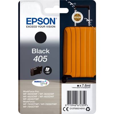 Epstein inktcartridge 405 in zwart voor Epson-printers. Op de verpakking staat een afbeelding van een oranje koffer.