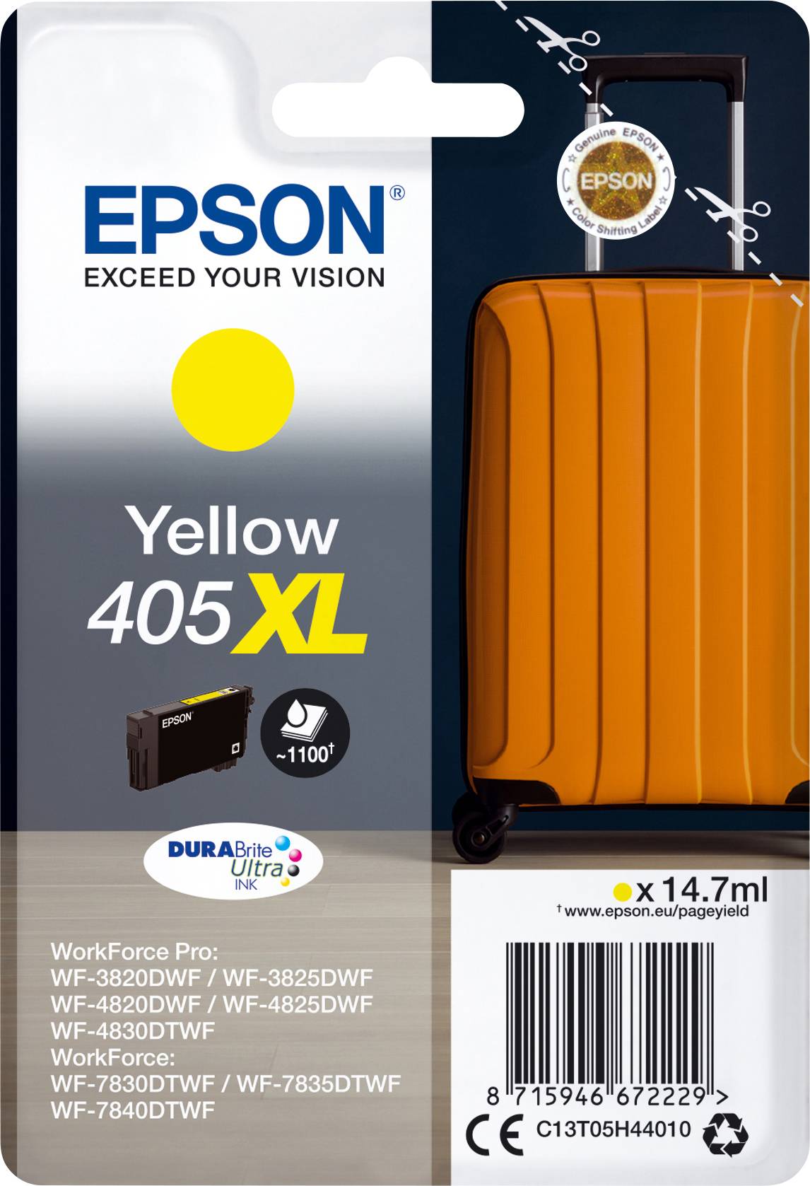 De verpakking toont een gele Epson 405XL inktcartridge voor verschillende printermodellen. Op de voorkant staat een oranje koffer afgebeeld.