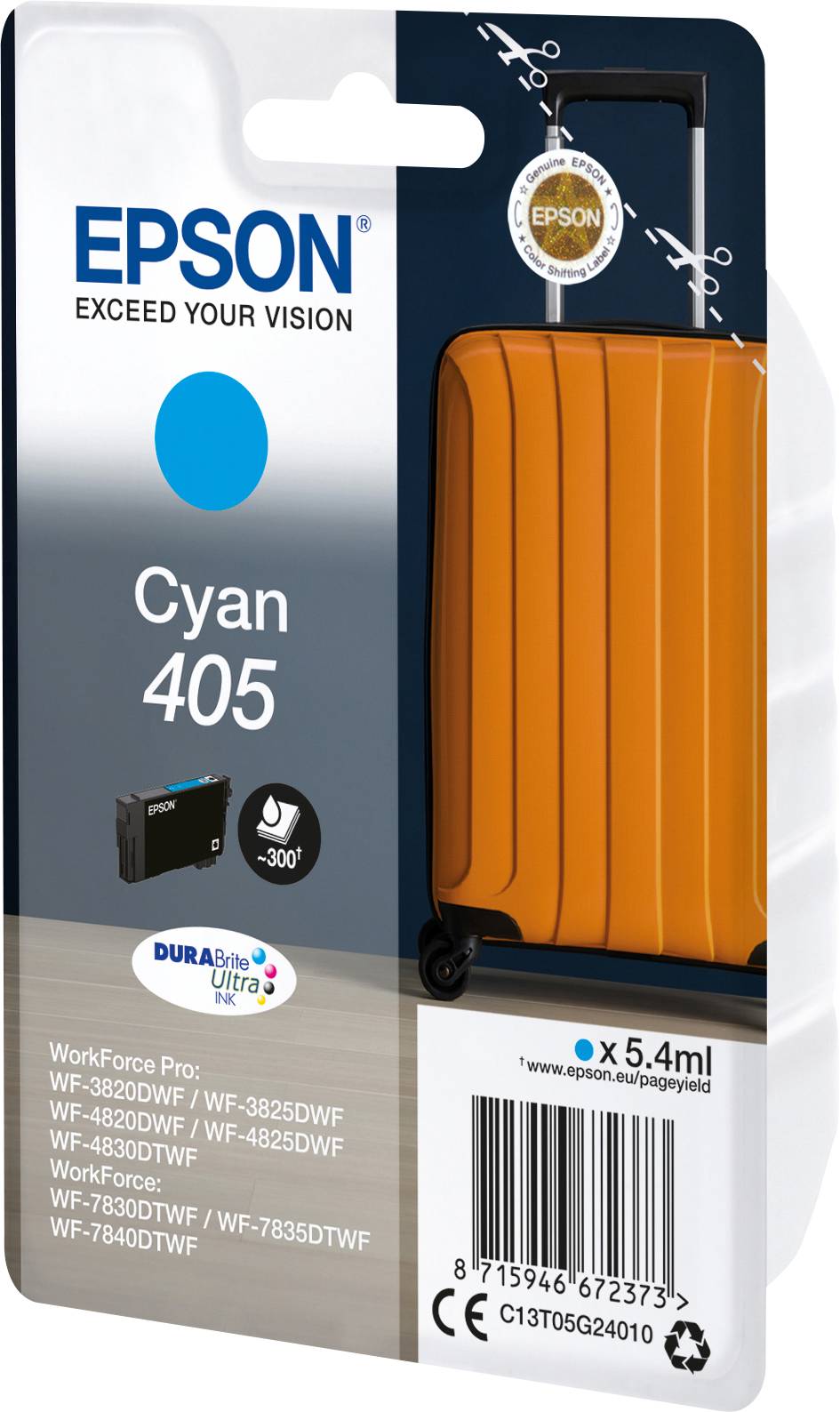 Epson inktpatroon 405, Cyaan, 300 pagina's dekking, DuraBrite Ultra Inkt, compatibel met geselecteerde Epson Workforce printers.