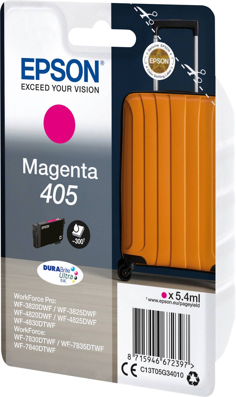 Verpakking van een Epson 405 inktcartridge in Magenta met een afbeelding van een oranje koffer. Compatibel met Epson Workforce printers.