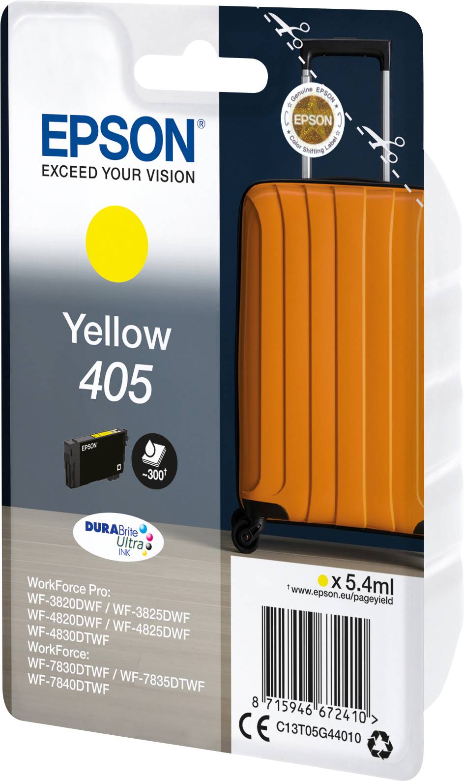Epson 405 gele inktcartridge voor WorkForce-printers, hoge capaciteit van 5,4 ml. Verpakking toont koffer als afbeelding.