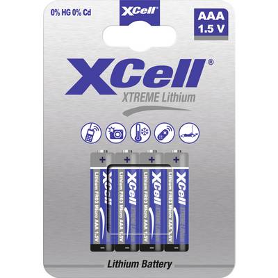 'XCell XTREME Lithium AAA 1,5V Batterijen, verpakking van 5 stuks' op grijze verpakking. Bevat symbolen voor milieuvriendelijke eigenschappen.