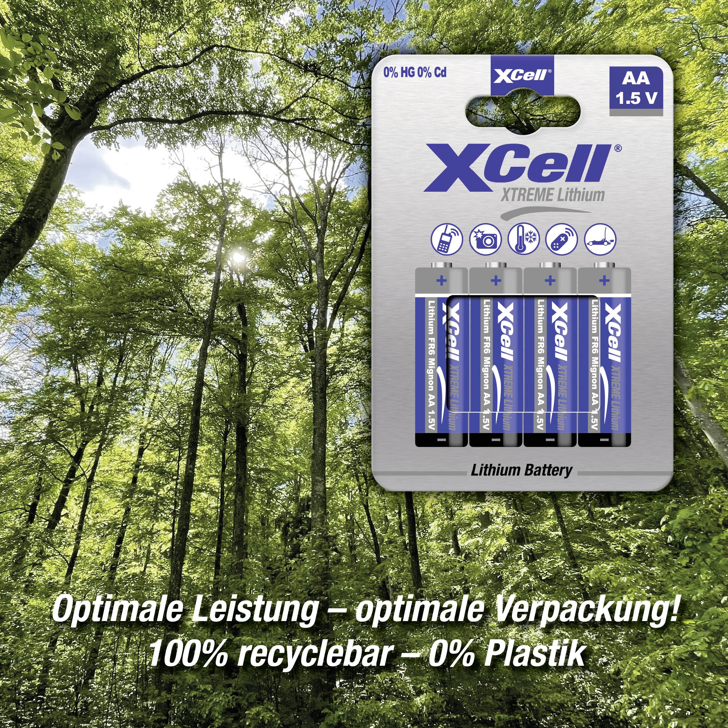 Batterijverpakking in het bos, met tekst: 'Optimale prestatie – optimale verpakking! 100% recyclebaar – 0% plastic'.