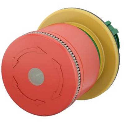 Een rode noodstopknop met pijlsymbolen, gemonteerd op een gele ondergrond, voor het uitschakelen van apparaten in noodsituaties.