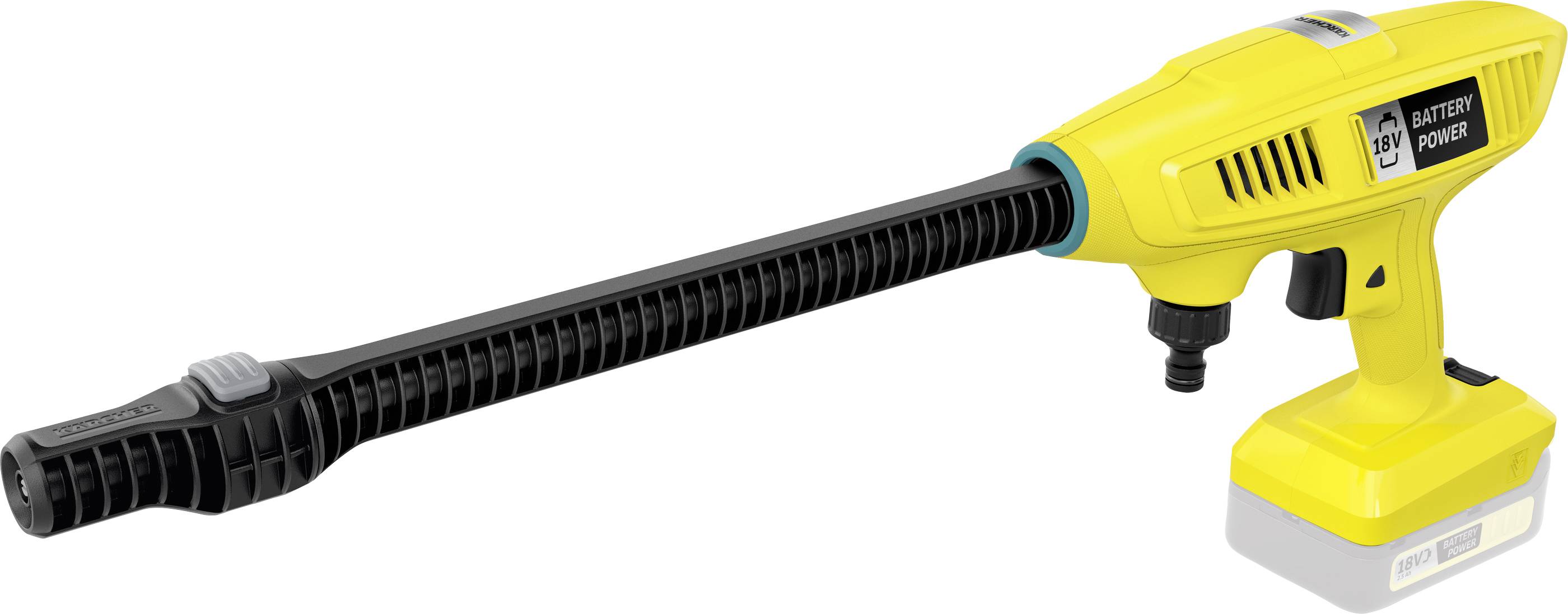 Gele hogedrukreiniger met lange zwarte slang en verwijderbare batterij.