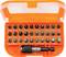 Een oranje etui met verschillende schroevendraaier-bits, gemarkeerd met maten zoals SL, PH, PZ en Torx, alsmede een bithouder.