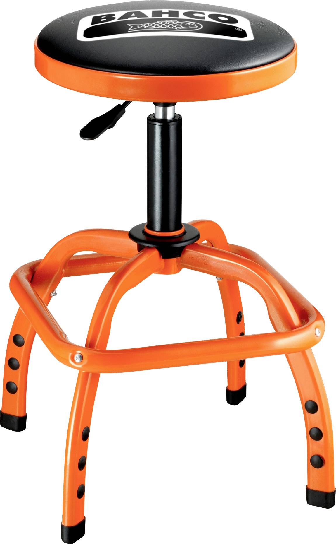 In hoogte verstelbare barkruk in oranje-zwart met een rond zitgedeelte en stabiele poten, geschikt voor werkplaats of garage.