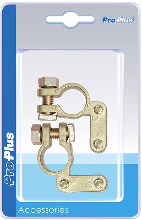 'ProPlus' accuklemmenset in verpakking, bestaande uit twee metalen klemmen met schroeven, op blauwe achtergrond.