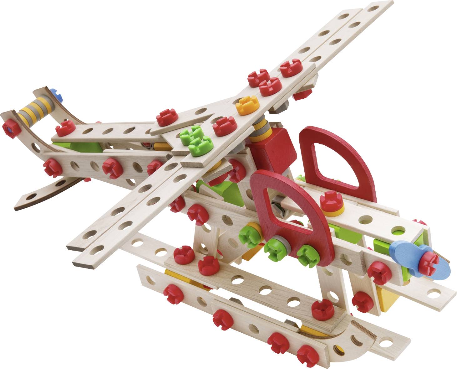 Een speelgoed-helikopter van gekleurd hout en kunststof, met roterende rotorbladen en bouwblokken.