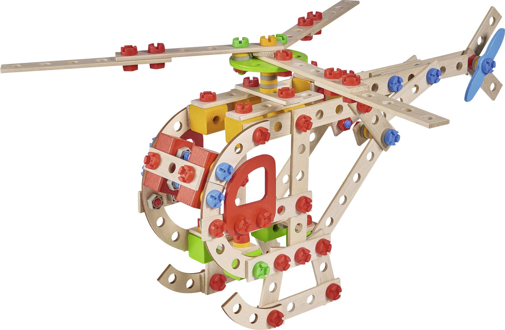 Een kleurrijke helikopter gemaakt van houten bouwblokken, samengesteld uit verschillende vormen en kleuren. Het model toont rotors en landingsgestel.