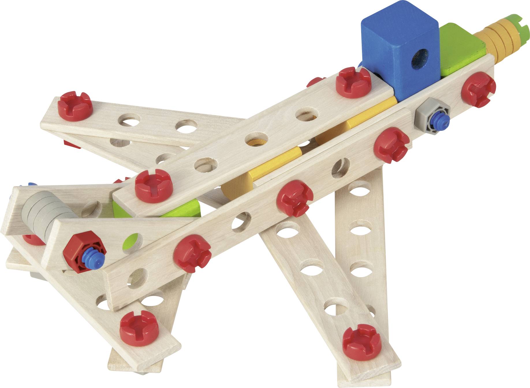 Houten bouwdoos-model van een vliegtuig met gekleurde onderdelen en rode verbindingen.