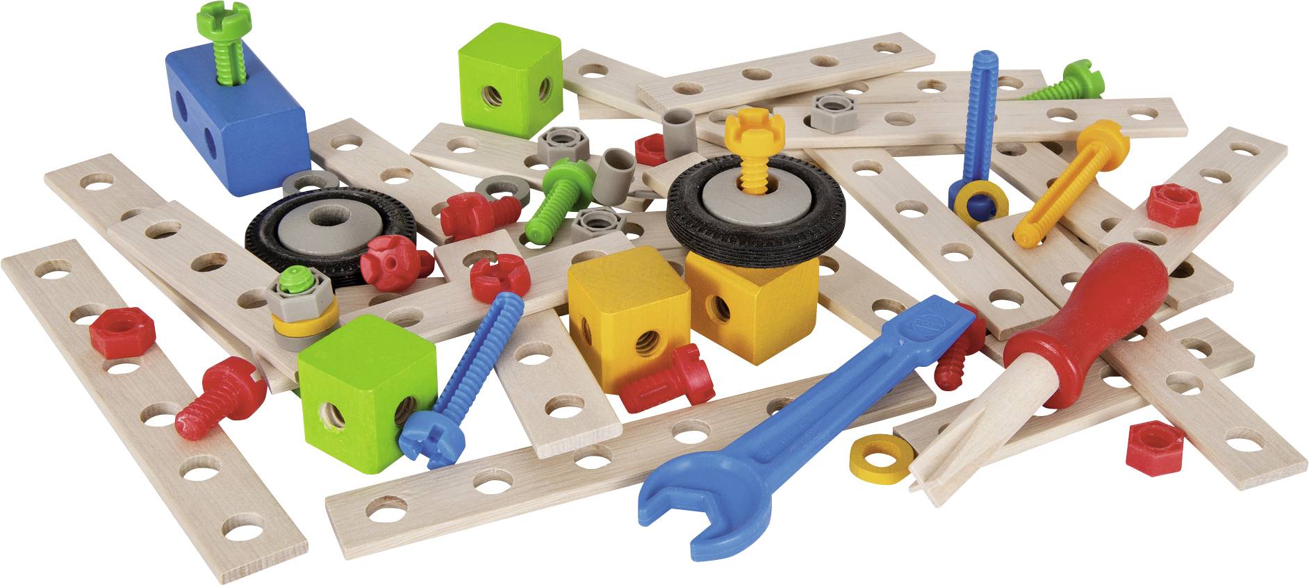 Bouwset van hout en kunststof, bestaande uit liggers, wielen, schroeven en gereedschappen in vrolijke kleuren. Geschikt voor creatieve constructies.