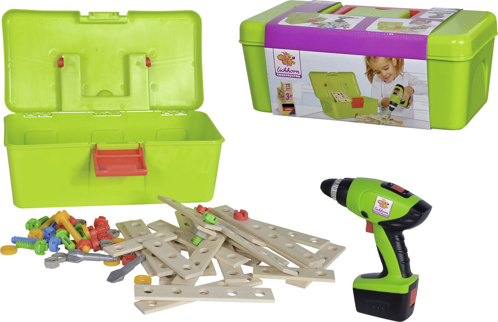 Een groene gereedschapskist voor kinderen bevat gekleurde schroeven, houten latten en een speelgoed-boormachine. Verpakking toont kind tijdens het spelen.