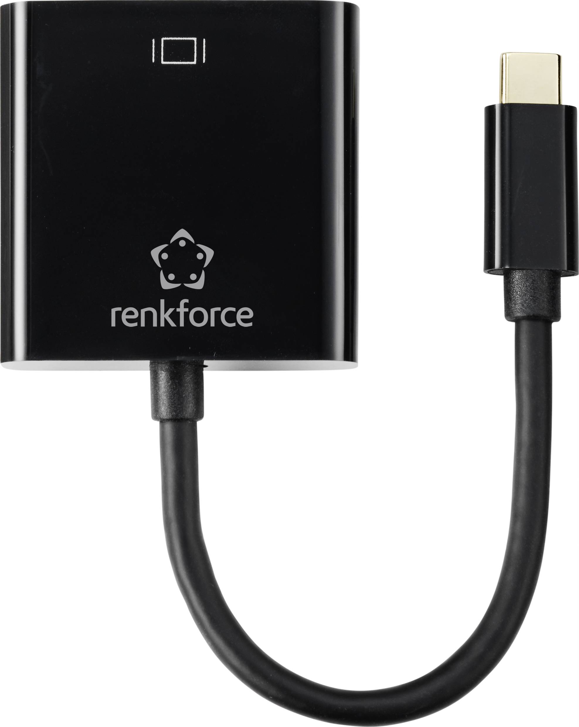 Een zwarte adapter met USB-C en HDMI-aansluiting van 'renkforce'.