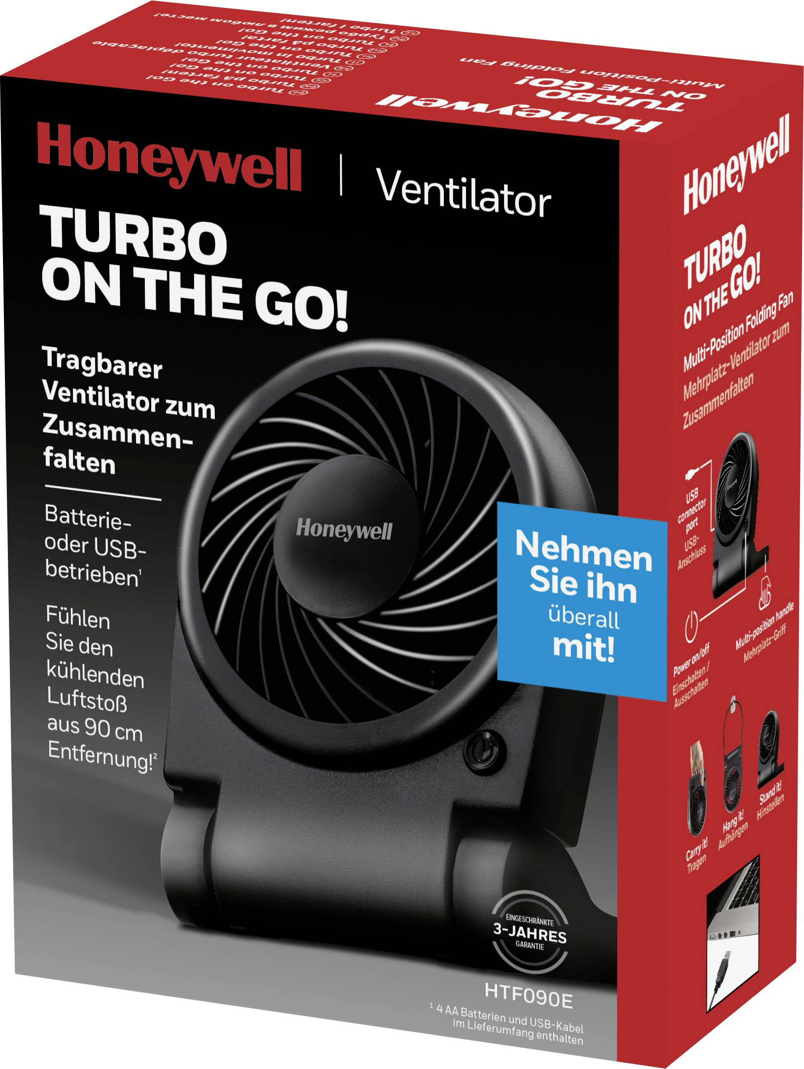 Rode verpakking voor de 'Honeywell Turbo On The Go' ventilator. Draagbaar, op batterijen, koelt tot 90 cm. Teksten met details en functies.