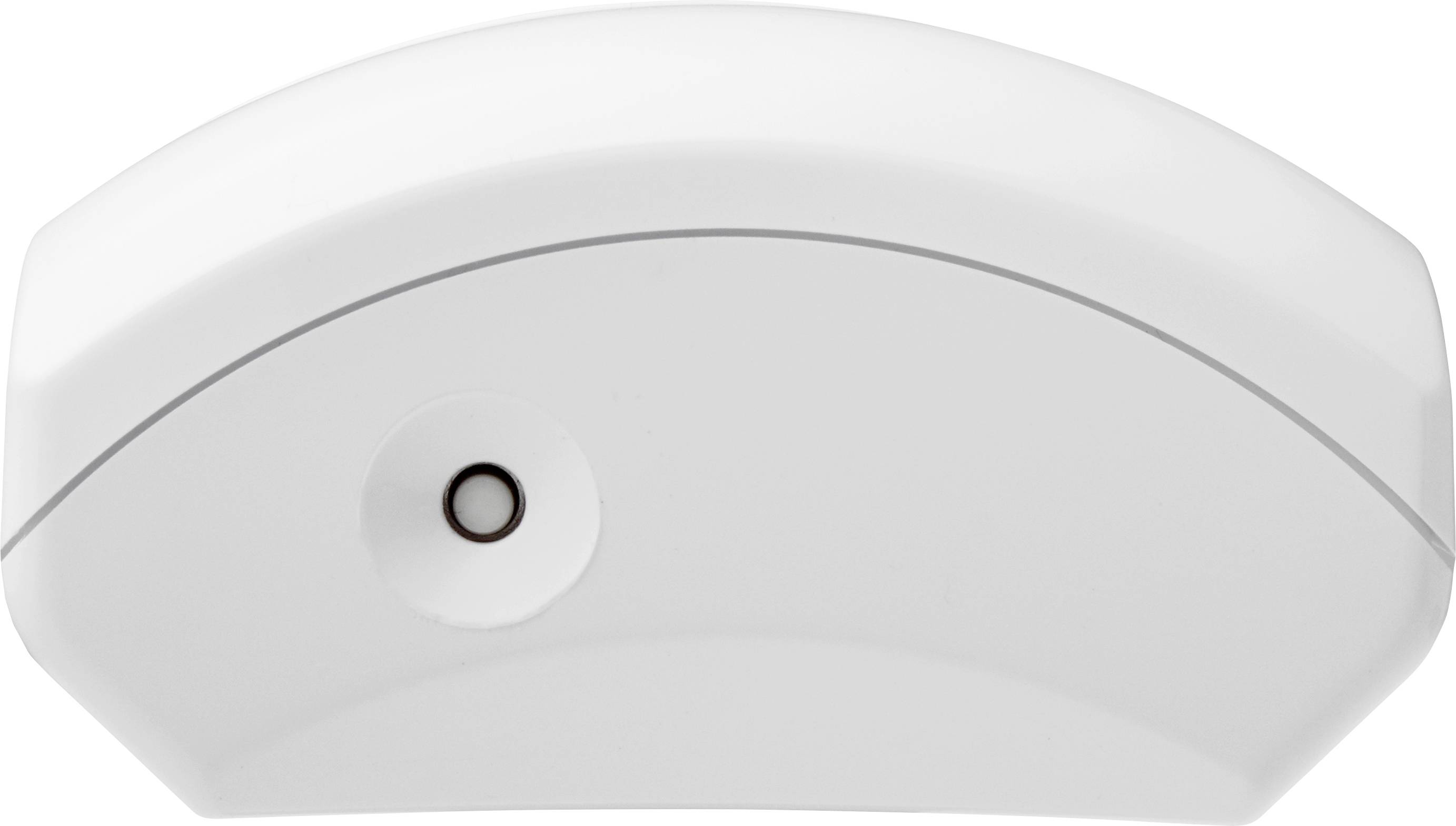Een witte, gebogen bewegingsdetector met een sensor in het midden, geschikt voor wandmontage.