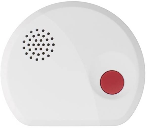 Een witte rookmelder met een rode testknop en ventilatiesleuven aan de linkerkant.