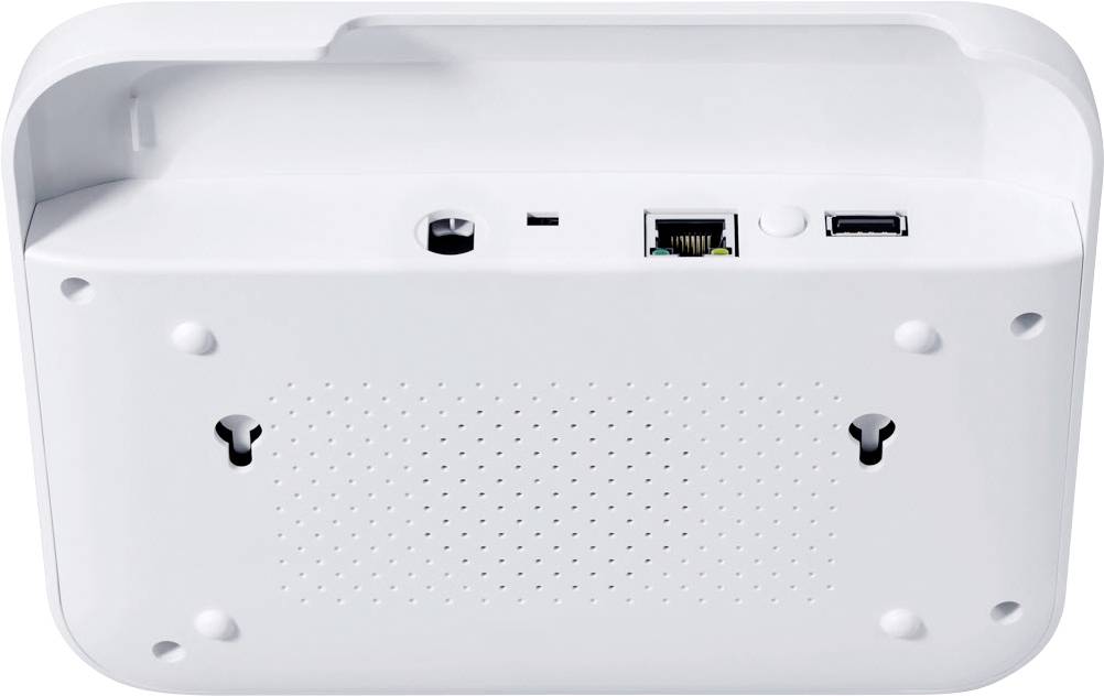 Achterzijde van een wit elektronisch apparaat met Ethernet-aansluiting, USB-poort en resetknop. Bovenkant geperforeerd voor ventilatie.