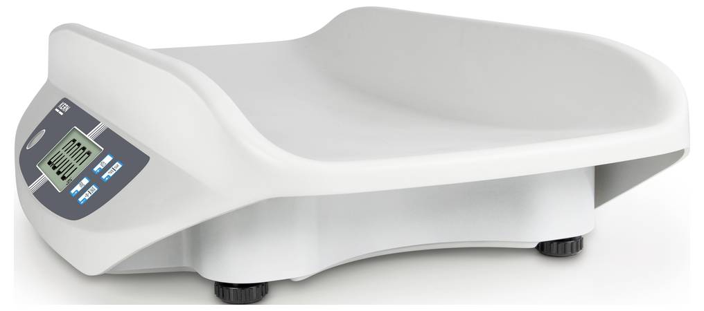 Witte digitale babyweegschaal met LCD-display, toont nul gram. Geschikt voor nauwkeurige gewichtsmetingen van baby's.