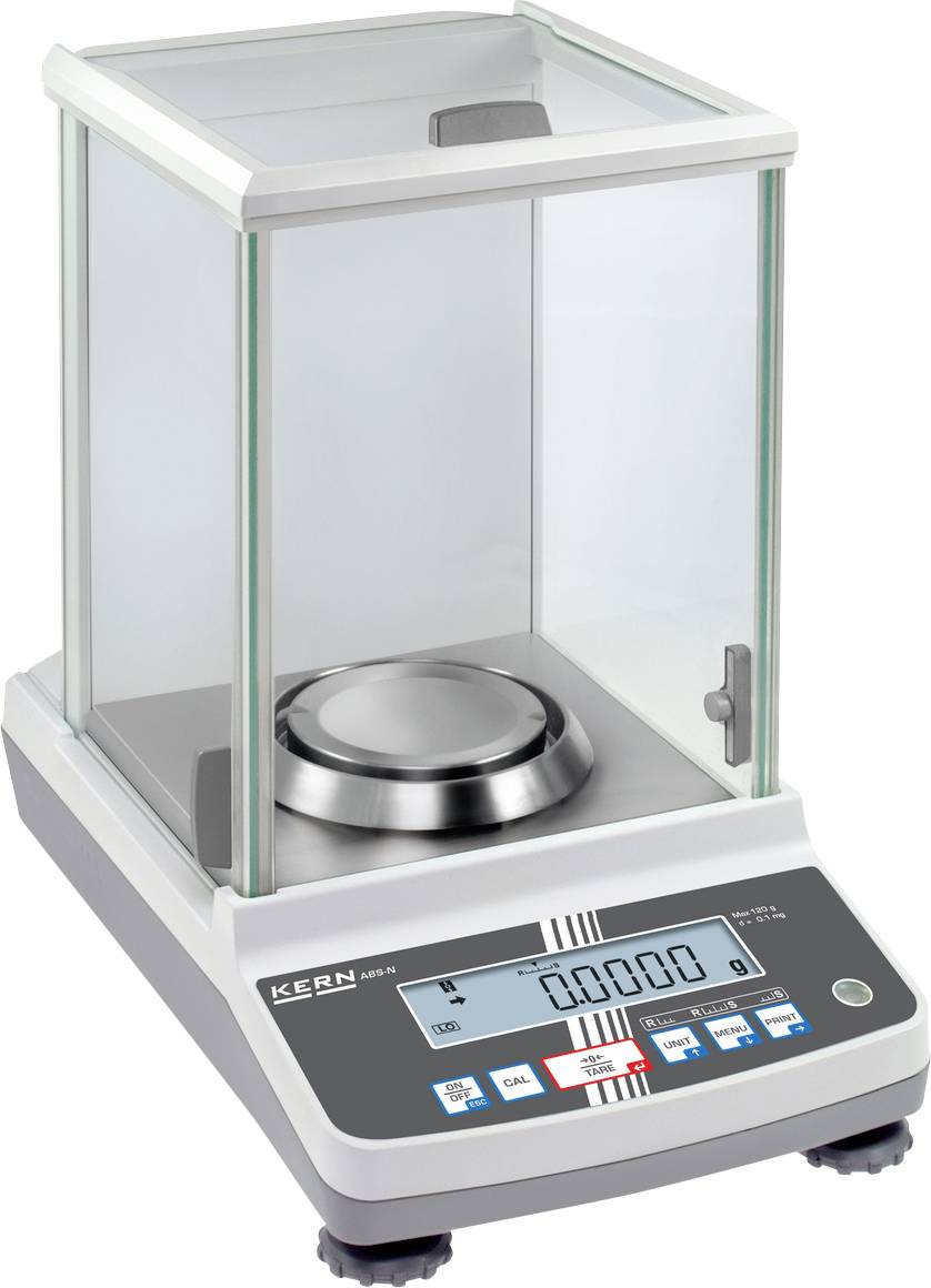 'Analyseweegschaal met digitale weergave, weegt nauwkeurig kleine hoeveelheden. Behuizing met glazen wanden voor bescherming, zilver weegplateau aan de binnenkant.'