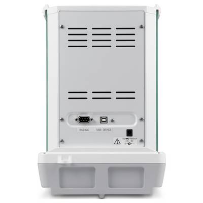Achterkant van een elektrisch apparaat met USB- en RS232-aansluitingen. Ventilatiesleuven en een waarschuwingssymbool zichtbaar.