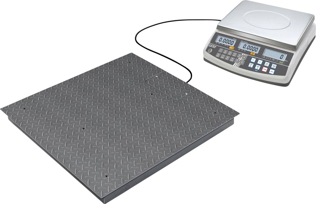 Industriële elektronische weegschaal met groot platformoppervlak en digitaal display, toont twee meetwaarden, verbonden via kabel.