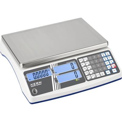 Elektronische tafelweegschaal met digitaal display, toetsenbord en roestvrij stalen platform, toont gewicht en aantal stuks.