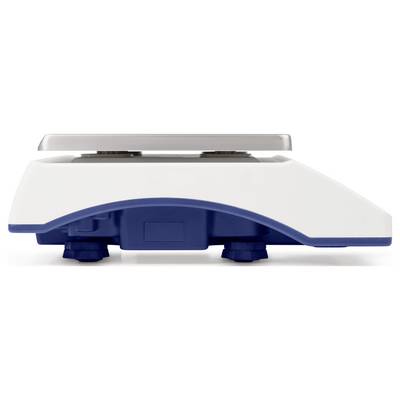 Elektronische weegschaal met een plat, rechthoekig weegoppervlak en een stevig, blauw behuizing. Geschikt voor het wegen van objecten.