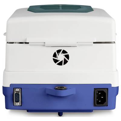 Een wit-blauw medisch apparaat met ventilatierooster en aansluitbussen. Gebruik onbekend.