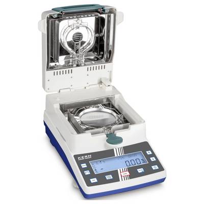 Een vochtigheidsmeter met een open deksel, toont een reflecterende metalen ruimte en een digitaal display aan de voorkant.