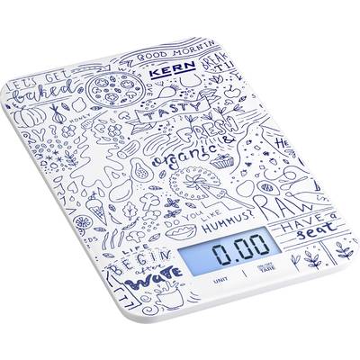 Digitale keukenweegschaal met blauwe, schetsmatige decoratie en een display dat "0,00" weergeeft.