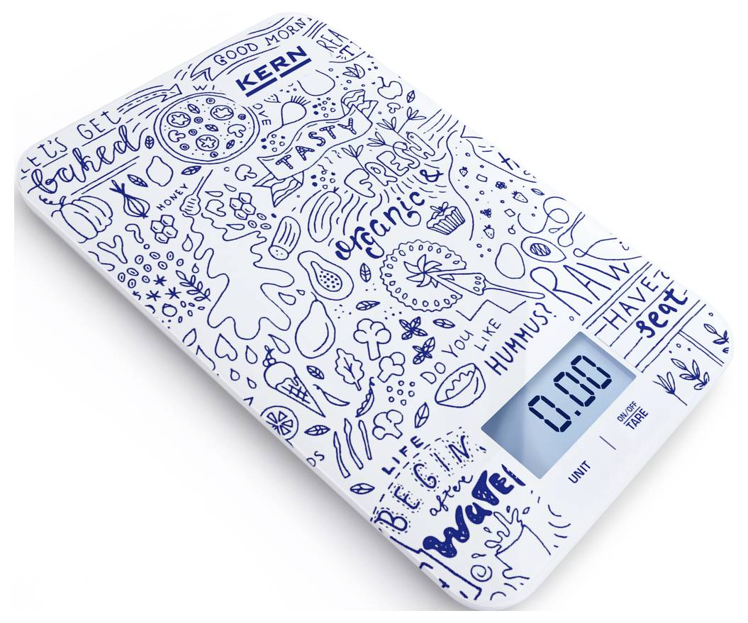Elektronische keukenweegschaal met een doodle-achtig design. Het scherm toont '0,0' gram. Ideaal voor het afwegen van ingrediënten tijdens het koken.