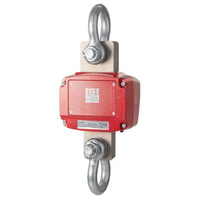 Een rode lastcel met metalen haken aan beide uiteinden, gebruikt voor gewichtsmeting in industriële toepassingen.