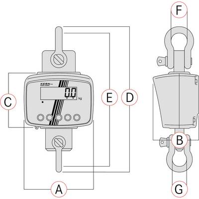 Diagram van een kraanweegschaal met geschaalde wijzerplaat en haak. Labels A tot G tonen verschillende componenten en verbindingen.