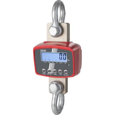 Digitale hangweegschaal in het rood met een blauw display dat '0.0 kg' weergeeft. Voorzien van robuuste metalen haken aan de boven- en onderzijde.