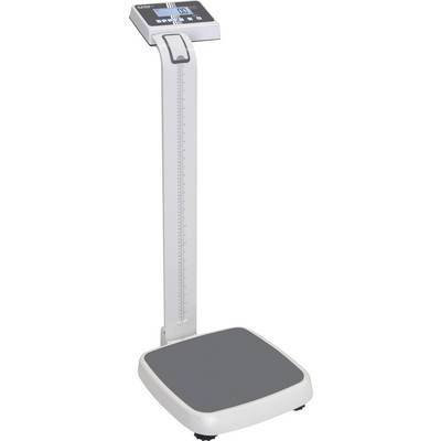 Digitale lichaamsweger met een hoge witte meetkolom en grijs platform, weergegeven op een uniforme achtergrond.