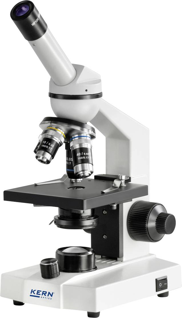 Een wit lichtmicroscoop met meerdere objectieven en een groot scherpstellingswiel aan de rechterkant, geschikt voor laboratoriumonderzoek.